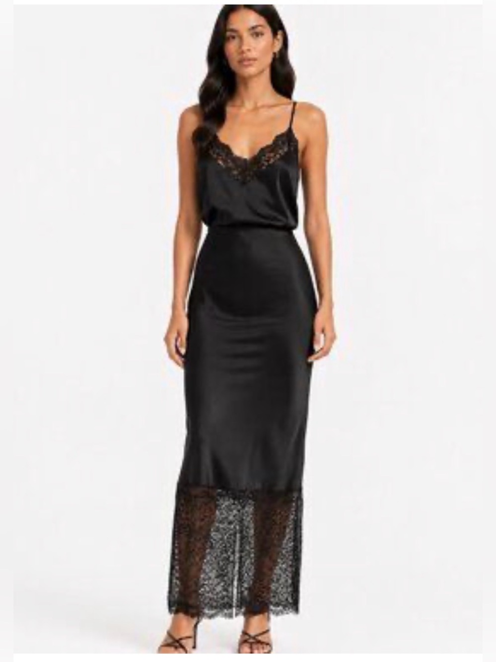 NWT HOUSE OF HARLOW 1960 BLACK SATIN LACE CAMISOLE SLIP SKIRT COORDINATED SET -